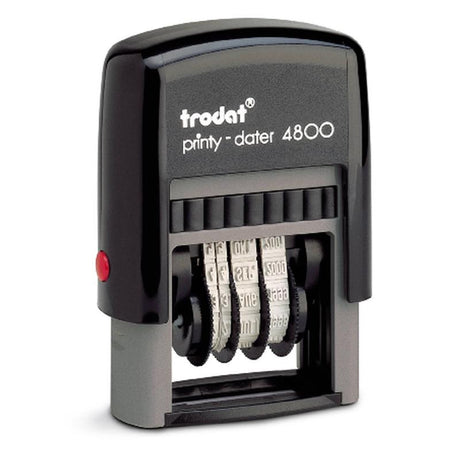 Trodat Printy Dater 4800 compact date stamp with 3mm imprint, made from 70% recycled plastic, features precise positioning window.