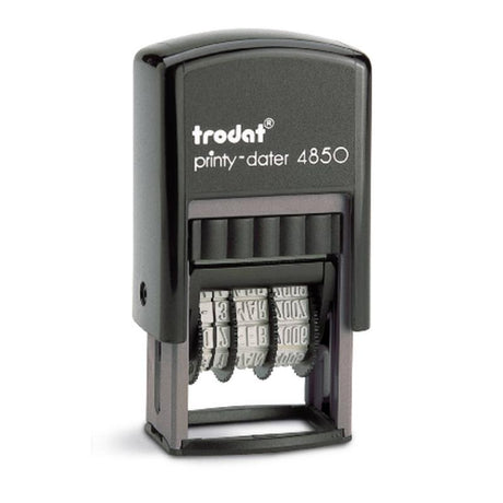 Compact Trodat Printy Dater 4810 in clamshell design, eco-friendly, clear date impressions, and intuitive ink replacement system.