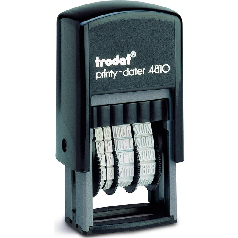 Trodat Printy Dater 4810, a compact self-inking stamp with 3.8mm date impression, eco-friendly, and easy ink change system.