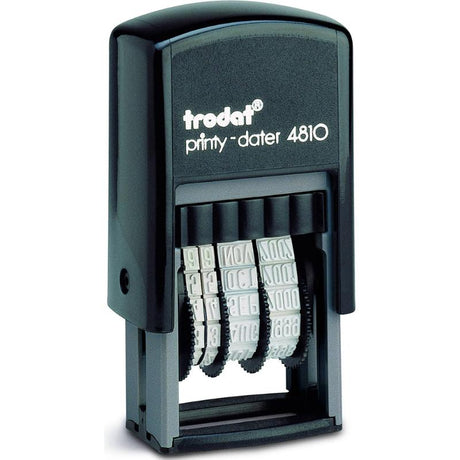 Trodat Printy Dater 4810, a compact self-inking stamp with 3.8mm date impression, eco-friendly, and easy ink change system.