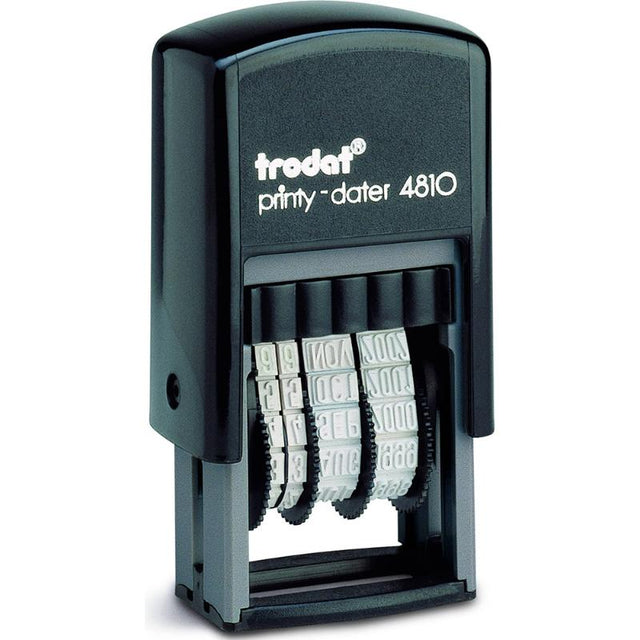 Trodat Printy Dater 4810, a compact self-inking stamp with 3.8mm date impression, eco-friendly, and easy ink change system.
