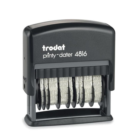 Self-inking Trodat Printy Double Dater 4816 stamp printing two side-by-side dates, enhancing office efficiency and organization.