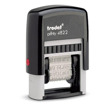 Compact Trodat Printy 4822 Dial-A-Phrase stamp with multiple phrases, intuitive ink change, and climate-neutral design.
