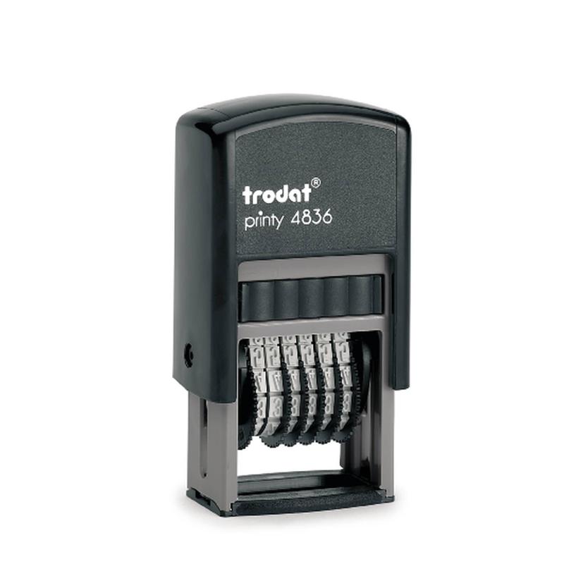 Trodat Printy Numberer 4836, versatile stamp with 6 adjustable bands, eco-friendly, and easy ink replacement for precise numbering.