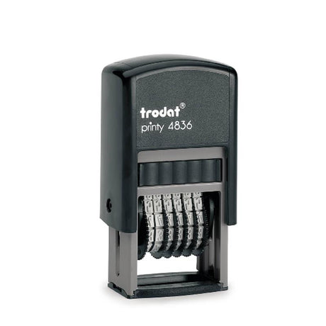 Trodat Printy Numberer 4836, versatile stamp with 6 adjustable bands, eco-friendly, and easy ink replacement for precise numbering.