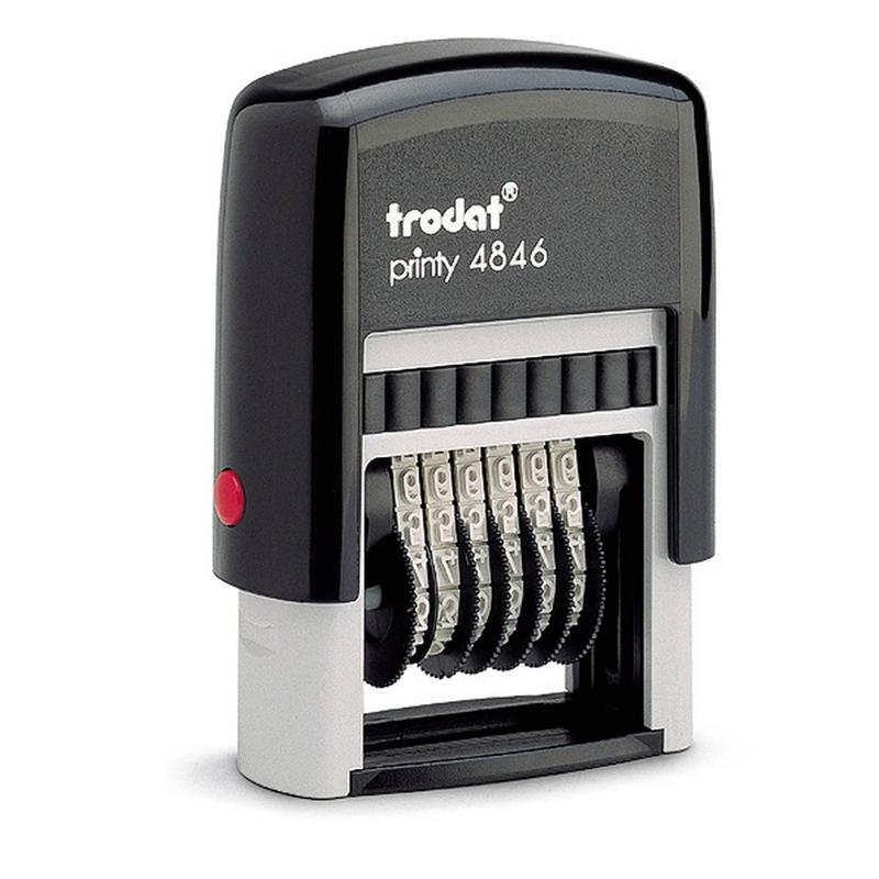 Trodat Printy Numberer 4846: compact, eco-friendly stamp with 6 adjustable bands for precise numbering, 4mm imprint size, and clean ink change.