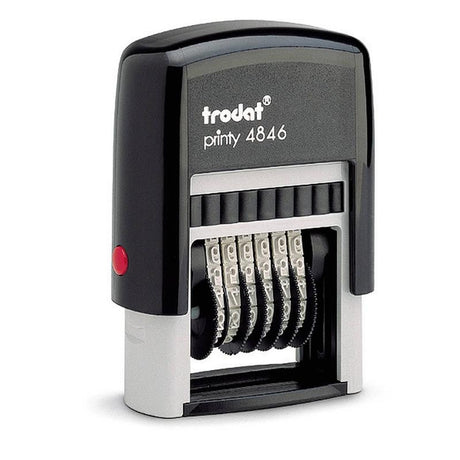 Trodat Printy Numberer 4846: compact, eco-friendly stamp with 6 adjustable bands for precise numbering, 4mm imprint size, and clean ink change.