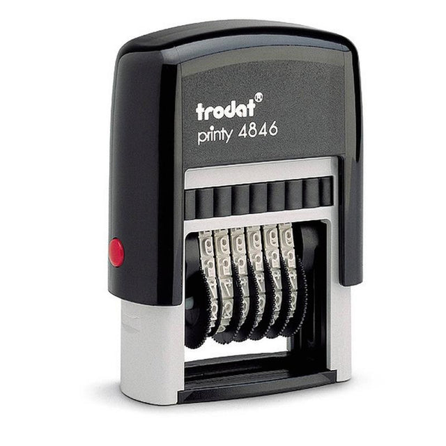 Trodat Printy Numberer 4846: compact, eco-friendly stamp with 6 adjustable bands for precise numbering, 4mm imprint size, and clean ink change.