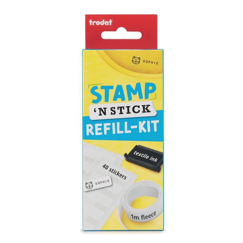 Trodat Stamp 'N Stick Refill Kit with black ink pad, 40 stickers, and 1m iron-on fleece for easy crafting and labelling.
