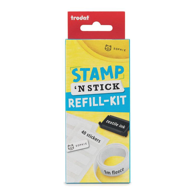 Trodat Stamp 'N Stick Refill Kit with black ink pad, 40 stickers, and 1m iron-on fleece for easy crafting and labelling.
