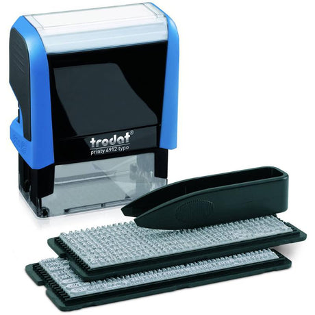 Self-inking Trodat Printy 4912 stamp with customizable text, vibrant ink colors, and an integrated positioning window.