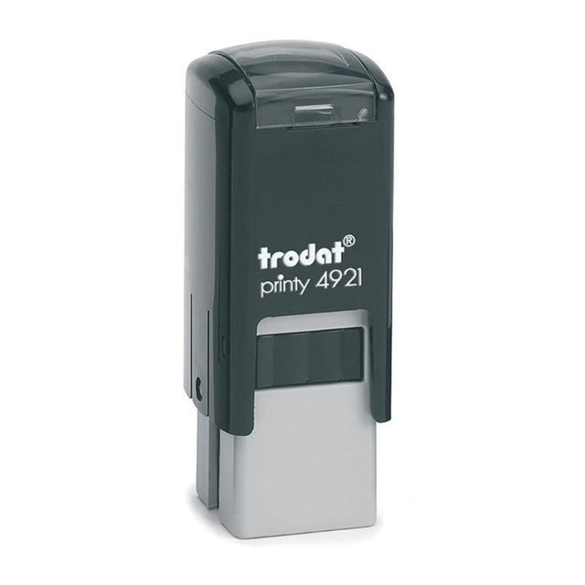 Compact Trodat Printy 4921 self-inking stamp with red pad, ideal for logos and signatures, featuring easy ink change and protective cap.