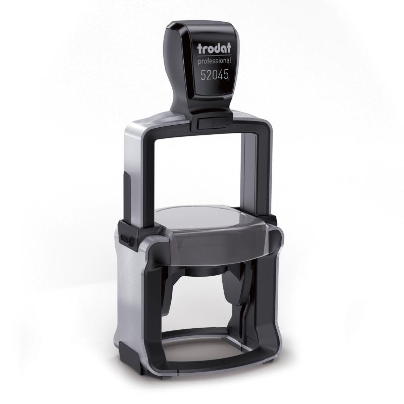 Round Trodat Professional Text Stamp 52045 with brushed stainless steel casing for crisp impressions and ergonomic design.
