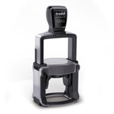 Round Trodat Professional Text Stamp 52045 with brushed stainless steel casing for crisp impressions and ergonomic design.