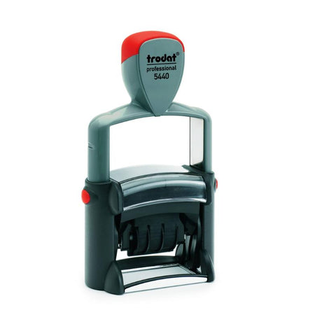 Trodat Professional 4.0 Text Dater 5440L: ergonomic, durable date stamp with pre-inked messages for efficient office use.