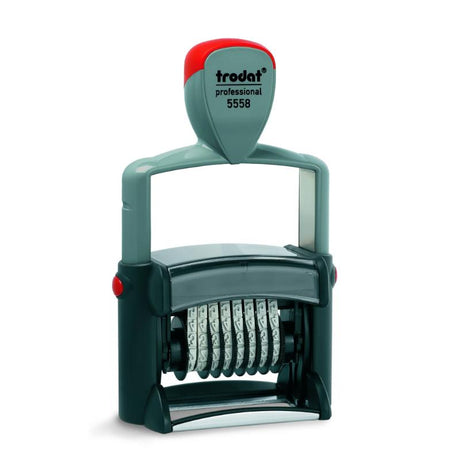 Trodat Professional 4.0 Numberer 5558, ergonomic number stamp with 8 adjustable bands for clear 5mm impressions.