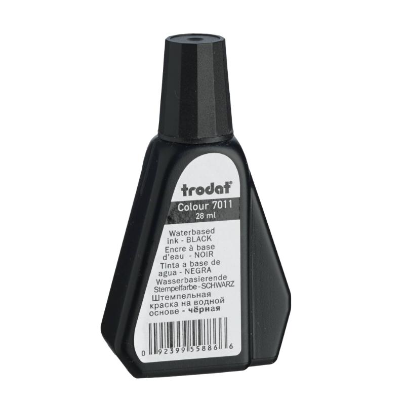 Trodat 28ml black rubber stamp ink for vibrant, quick-drying impressions on paper and cardboard. Ideal for crafting and organizing.
