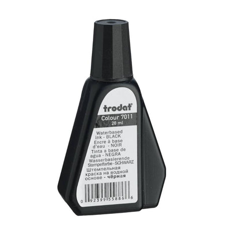 Trodat 28ml black rubber stamp ink for vibrant, quick-drying impressions on paper and cardboard. Ideal for crafting and organizing.