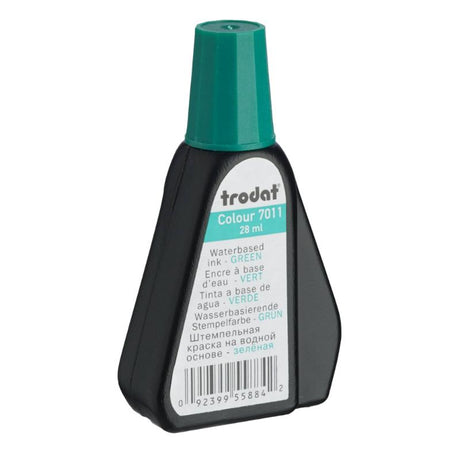 Trodat 28ml Green Rubber Stamp Ink bottle, perfect for crisp stamping on paper and cardboard, eco-friendly and water-based.