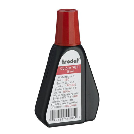 Trodat Rubber Stamp Ink 28ml in vibrant red, perfect for clear impressions on paper and cardboard.