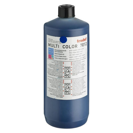 Trodat Rubber Stamp Ink 1 Litre in vibrant blue, ideal for hand and self-inking stamps, perfect for paper and cardboard.
