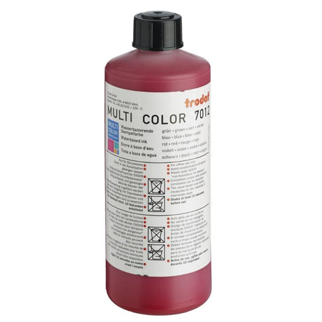 Trodat 500ml red rubber stamp ink, water-based for vibrant impressions on paper and cardboard, ideal for office and crafts.