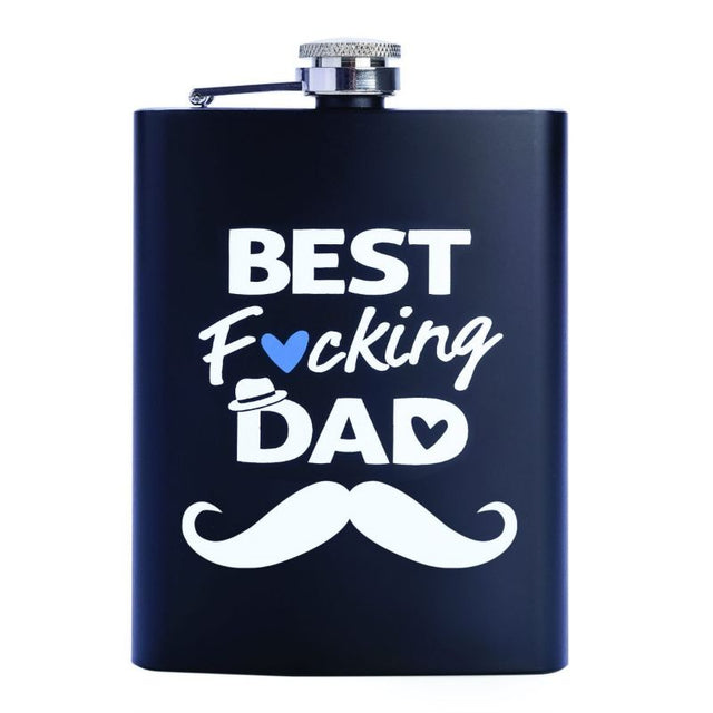 Metal flask featuring "Best F*cking Dad" text, crafted from stainless steel, ideal for stylishly carrying 8oz of spirits.