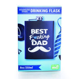 Metal flask with "Best F*cking Dad" text, holds 8oz, made of stainless steel, perfect for on-the-go drinks.