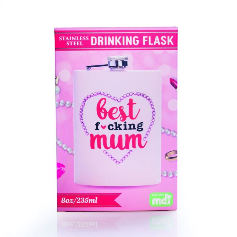 Cheeky stainless steel flask for mum, holds 8oz, perfect for shared drinks on outings or cozy evenings.