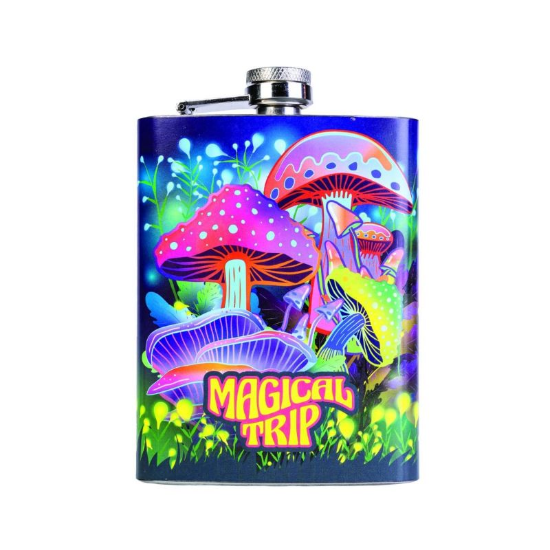 Colorful stainless steel flask featuring whimsical mushrooms and 'magical trip' message, ideal for outdoor adventures.