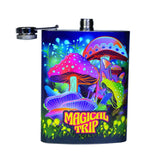 Colorful metal flask featuring vibrant mushrooms and 'magical trip' message, perfect for outdoor adventures.