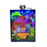 Colorful stainless steel flask featuring mushroom design and "magical trip" message, perfect for outdoor adventures.