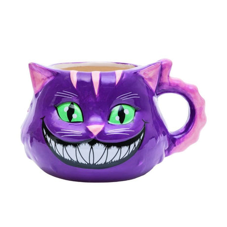 Whimsical 3D mug shaped like a grinning cat, featuring vibrant purple with pink accents and turquoise eyes.