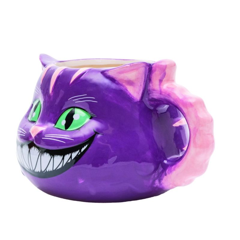 3D mug shaped like a cheeky grinning cat, featuring vibrant purple with pink accents and turquoise eyes, measuring 16.5 cm.