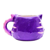 3D mug shaped like a grinning purple cat with pink accents and turquoise eyes, perfect for coffee lovers.