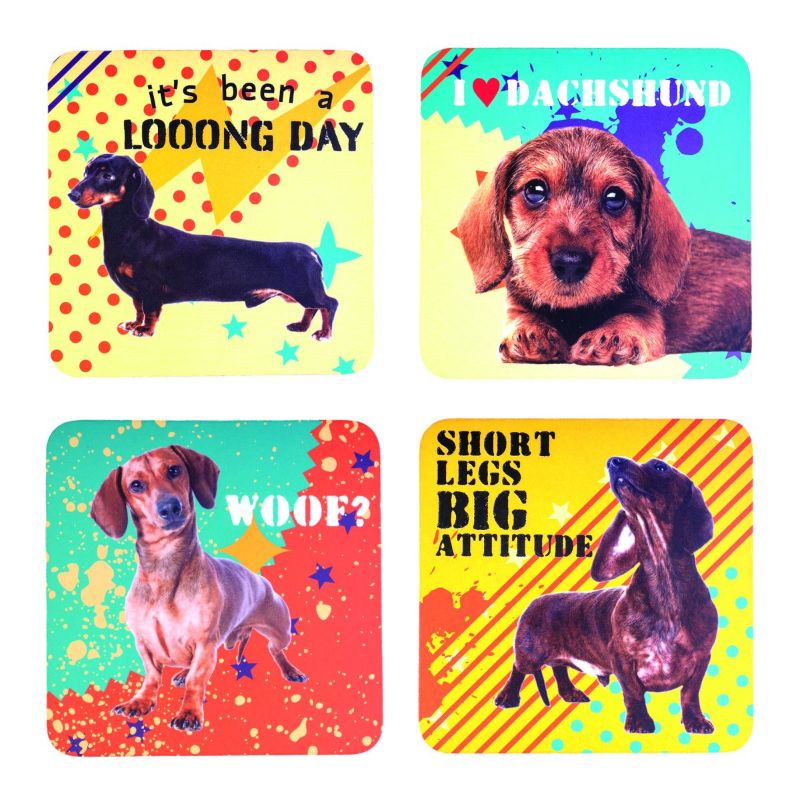 Charming Dachshund coasters set featuring 4 unique designs in each of the 6 packs, perfect for dog lovers.