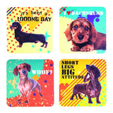 Charming Dachshund coasters set featuring 4 unique designs in each of the 6 packs, perfect for dog lovers.