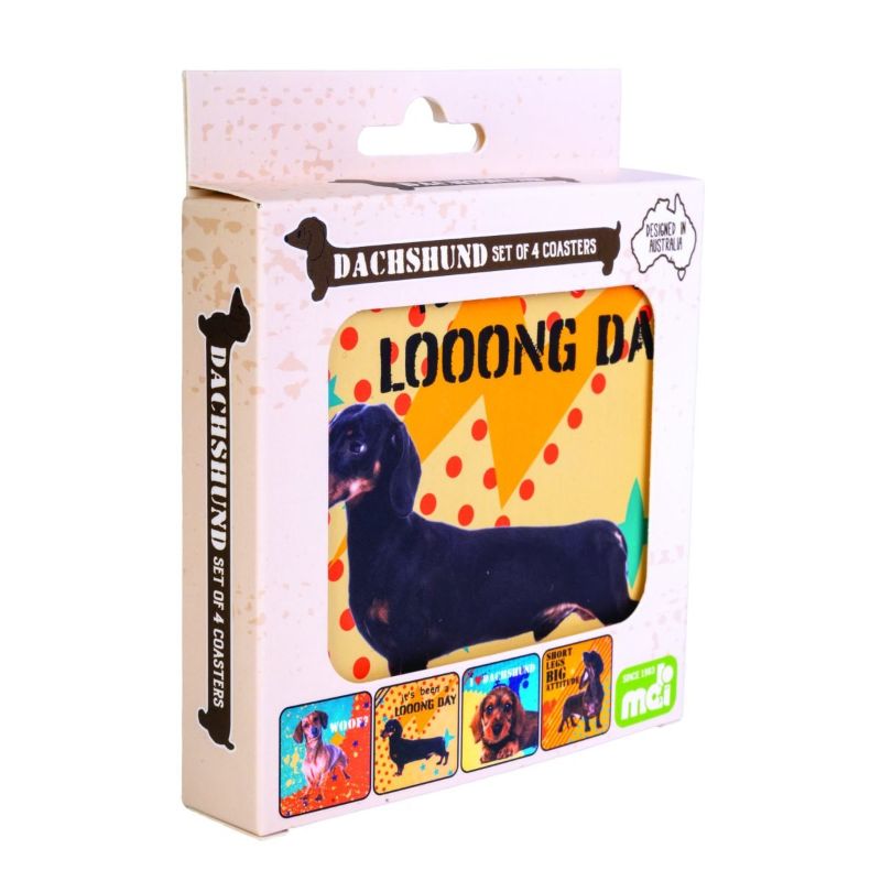 Set of 6 Dachshund coasters featuring cute designs and sayings, cork-backed and heat resistant for hot drinks.