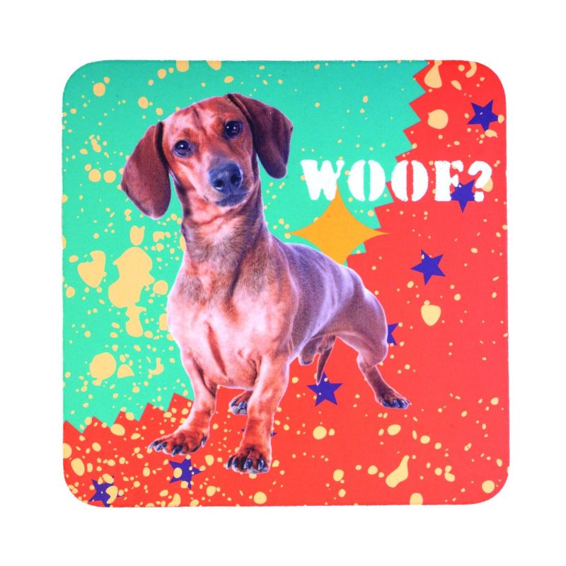 Set of 6 Dachshund coasters, each featuring 4 unique designs with cute sayings, cork-backed and heat resistant.