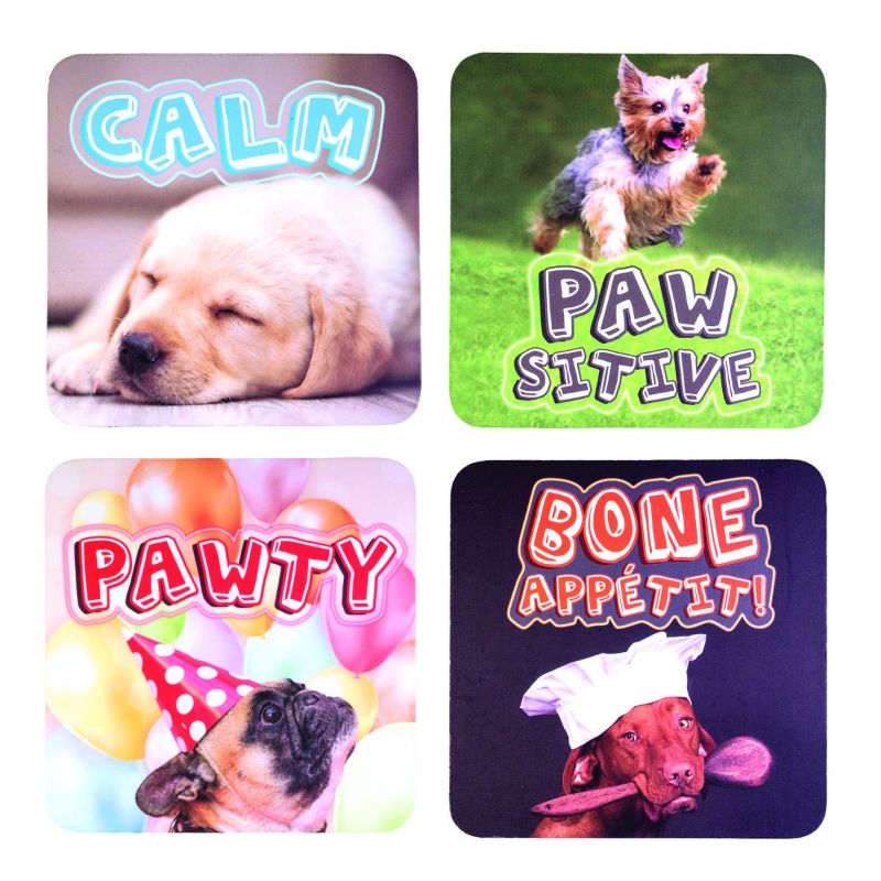 Set of 24 colorful dog-themed coasters with punny sayings, cork-backed, heat-resistant, perfect for any drink.