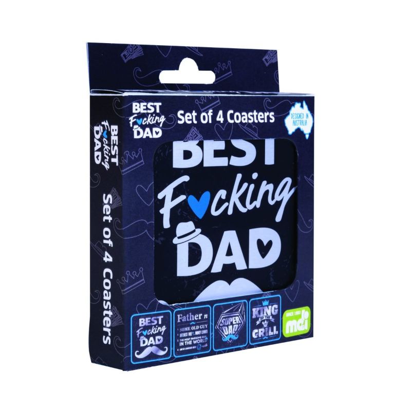 Set of 24 coasters featuring punny sayings for dads, cork backed and heat resistant, perfect for hot drinks.