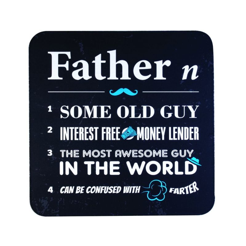 Coasters set for Dad featuring 4 punny designs, cork backed and heat resistant, perfect for hot drinks and gifts.