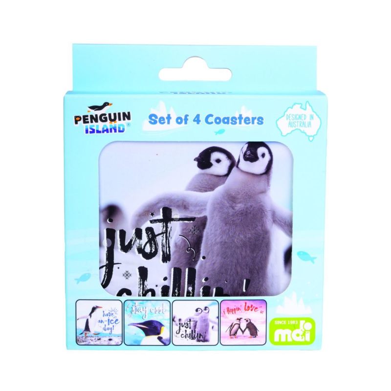 Set of 4 penguin coasters with cute sayings, cork-backed, heat resistant, ideal for hot beverages and home decor.