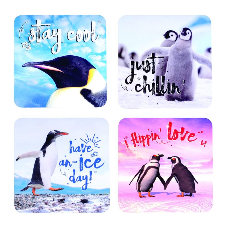 Set of 4 adorable penguin coasters with sayings, cork-backed, heat-resistant, perfect for hot drinks.