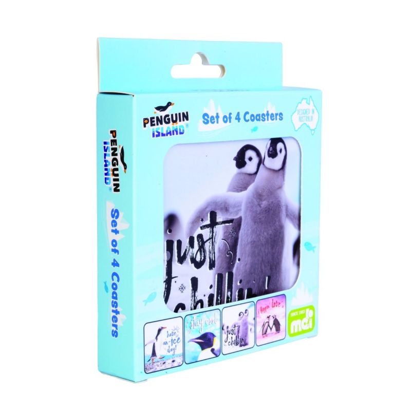 Charming set of 4 penguin coasters with cute sayings, cork backed, heat resistant, ideal for hot beverages.