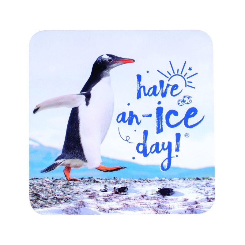Set of 4 penguin coasters with cute sayings, cork-backed and heat resistant for protecting surfaces.
