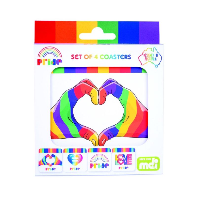 Vibrant Pride coasters set featuring 4 colorful designs, cork backed and heat resistant for hot beverages, ideal for any occasion.