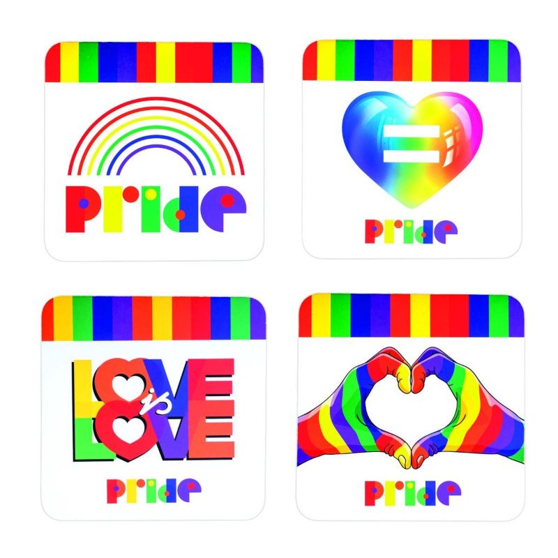 Vibrant Pride coasters set featuring 4 unique designs, cork backed and heat resistant, perfect for any beverage.