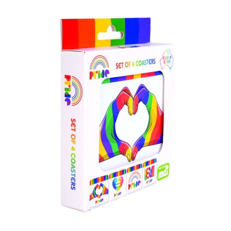 Colorful Pride coasters set featuring 4 unique designs, cork backed and heat resistant for hot beverages.