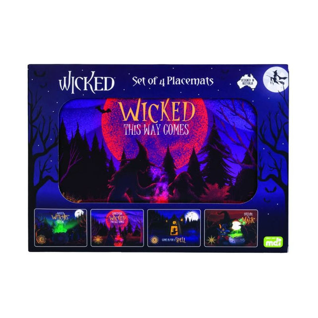 Wicked Placemats Set featuring 6 sets of 4 mystical designs, heat-resistant, cork-backed, elevating your dining experience.